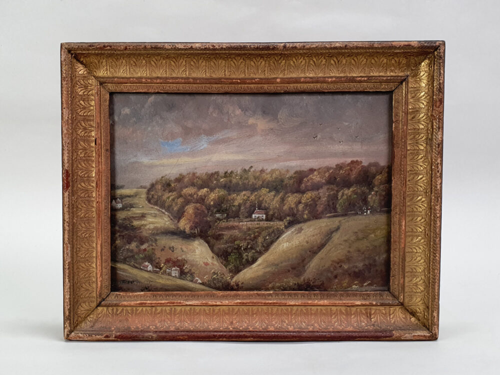 19th century antique naive Landscape Painting - 'The House in the Hollow'