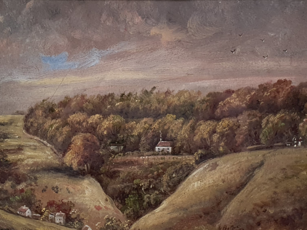 19th century antique naive Landscape Painting - 'The House in the Hollow'