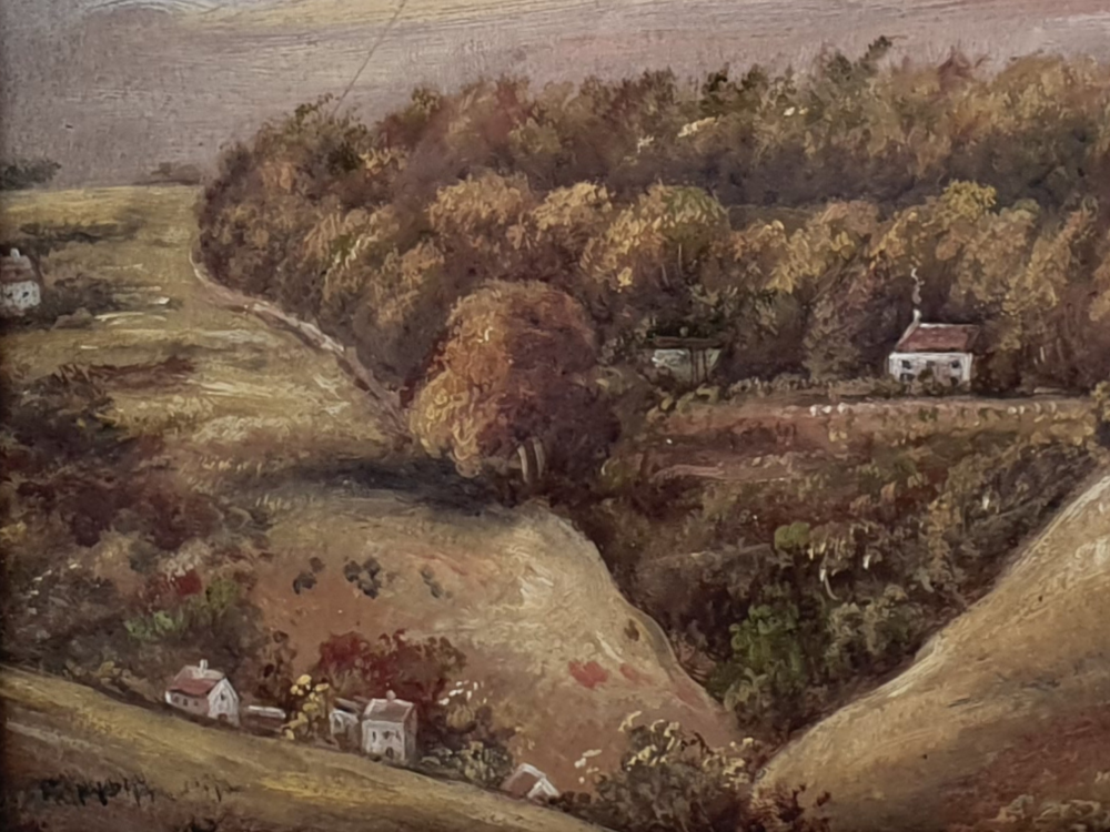 19th century antique naive Landscape Painting - 'The House in the Hollow'