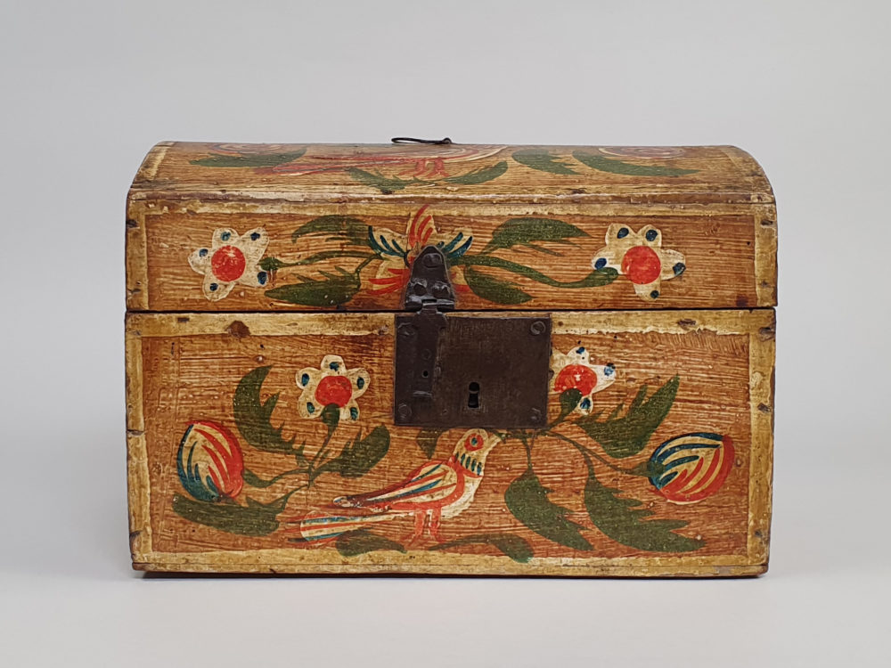 19th century antique Normandy marriage box painted with folk art birds