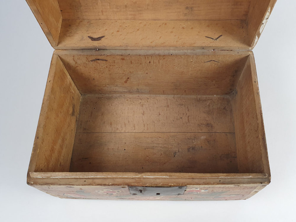 19th century antique Normandy marriage box painted with folk art birds