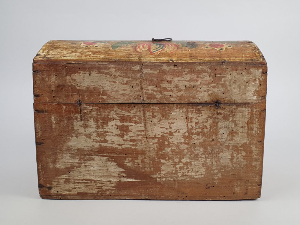 19th century antique Normandy marriage box painted with folk art birds