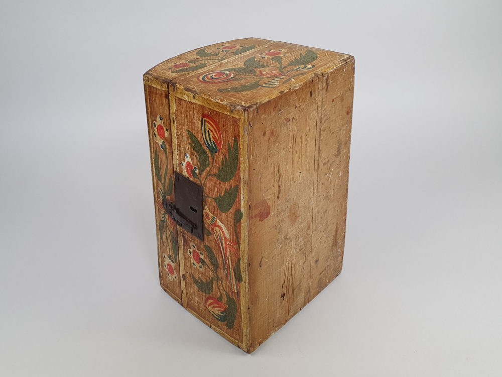 19th century antique Normandy marriage box painted with folk art birds
