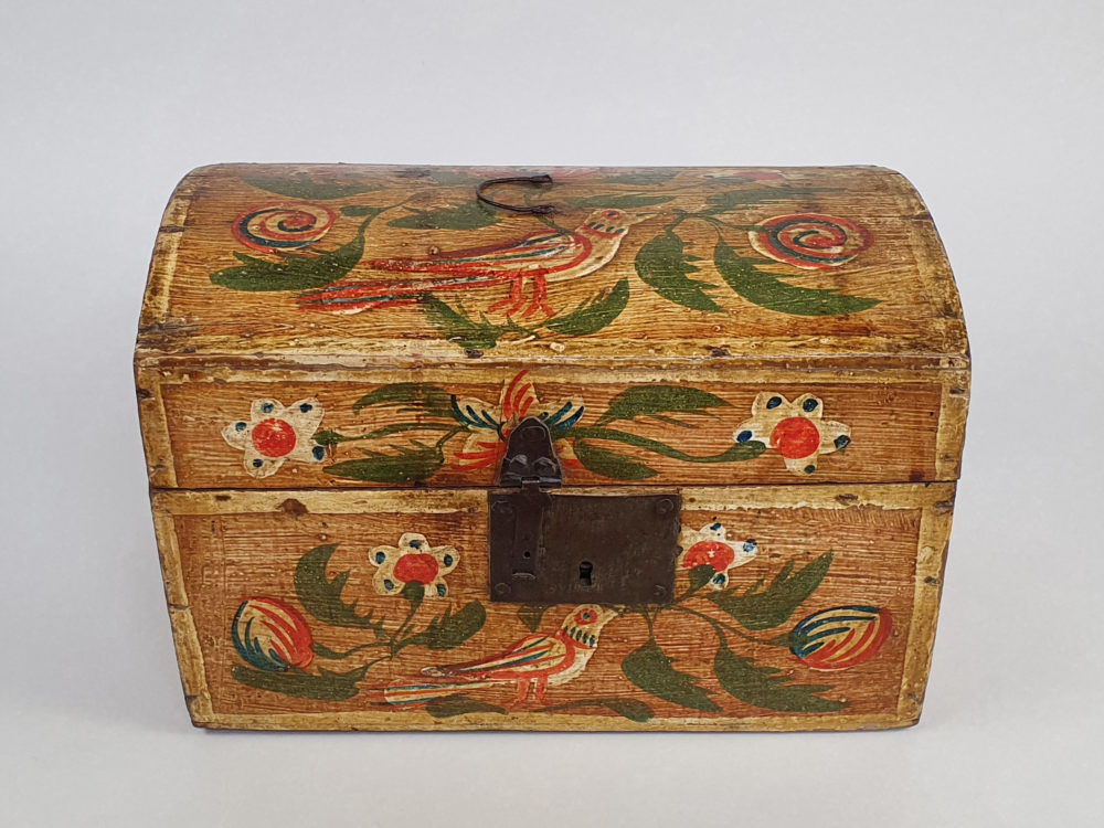19th century antique Normandy marriage box painted with folk art birds