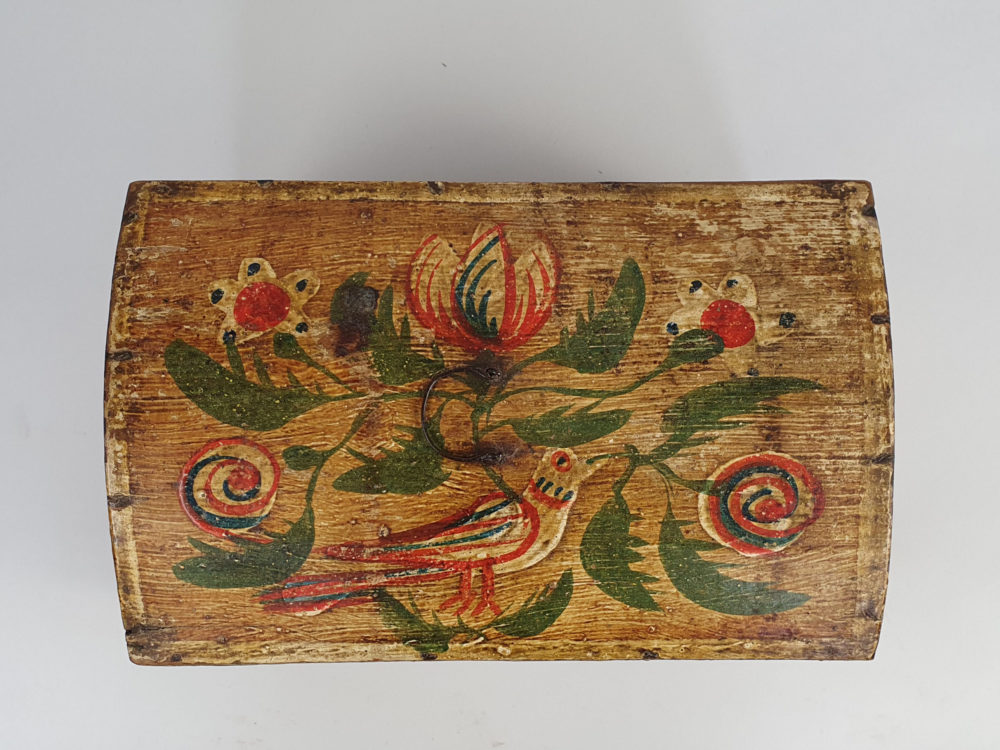 19th century antique Normandy marriage box painted with folk art birds