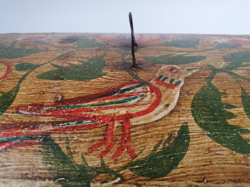 19th century antique Normandy marriage box painted with folk art birds