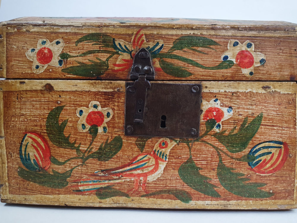 19th century antique Normandy marriage box painted with folk art birds