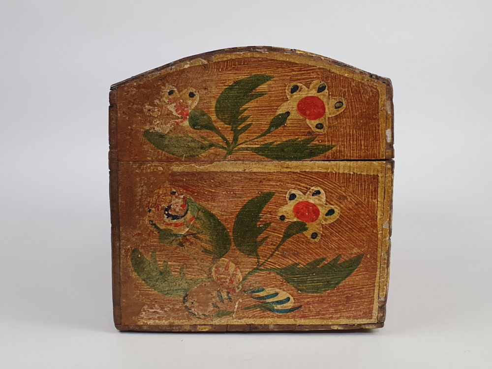 19th century antique Normandy marriage box painted with folk art birds