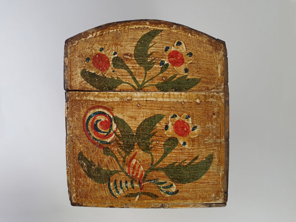 19th century antique Normandy marriage box painted with folk art birds