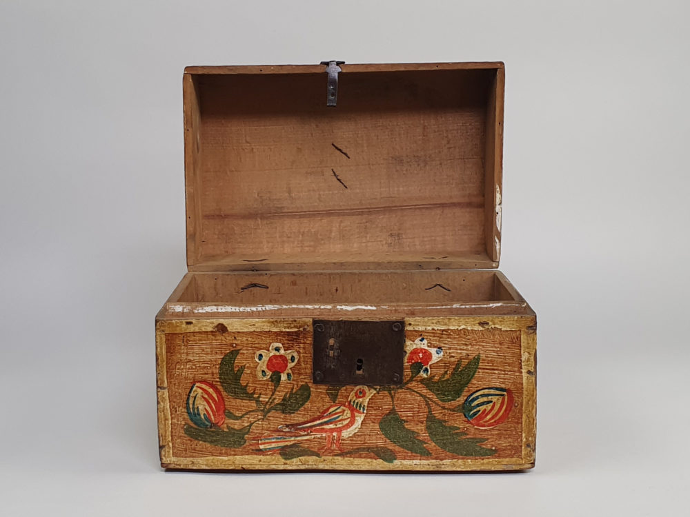 19th century antique Normandy marriage box painted with folk art birds