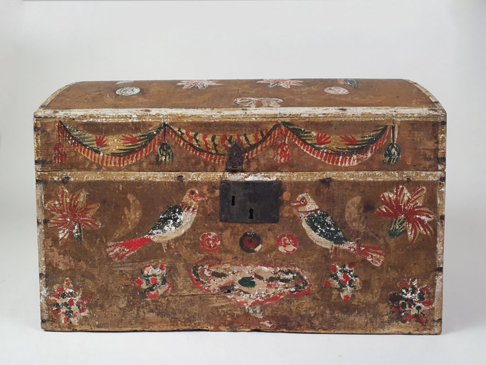 19th century antique Normandy Marriage Box painted with folk art birds