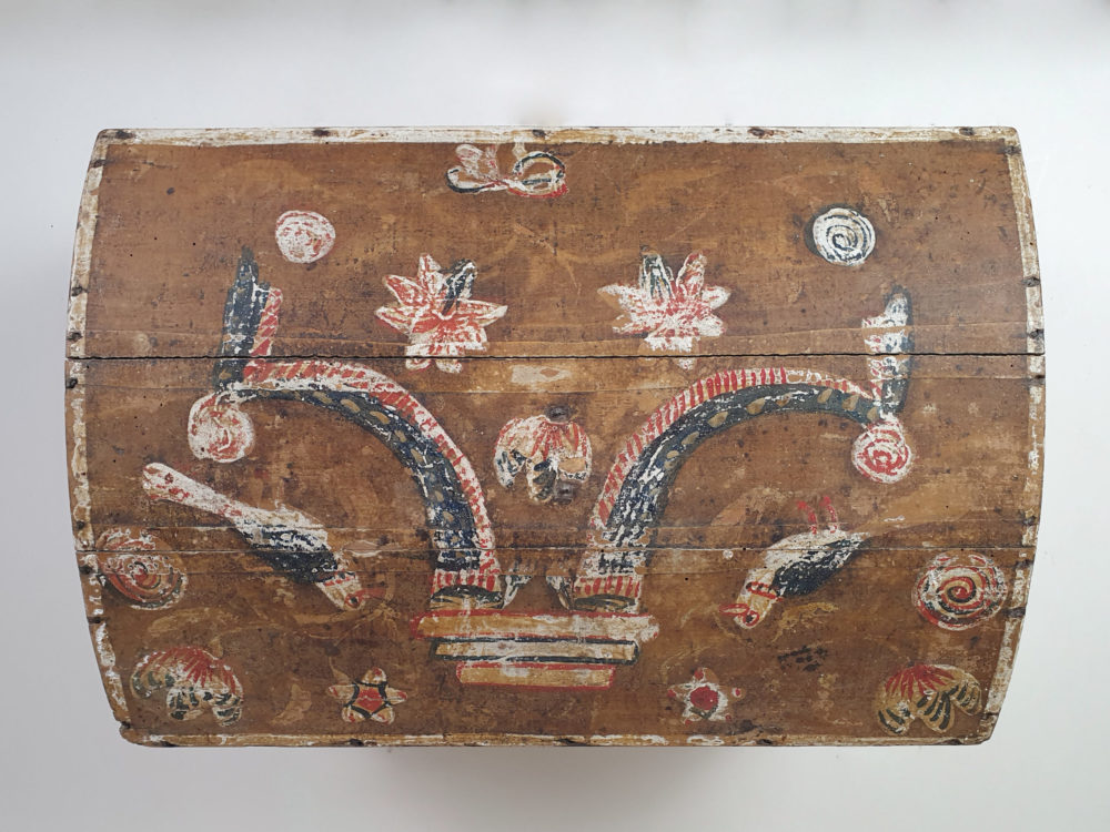 19th century antique Normandy Marriage Box painted with folk art birds