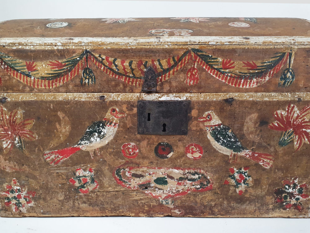 19th century antique Normandy Marriage Box painted with folk art birds