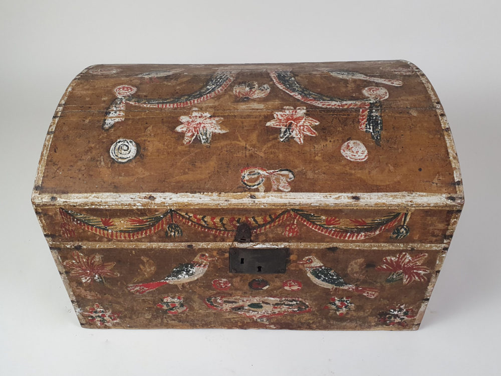 19th century antique Normandy Marriage Box painted with folk art birds