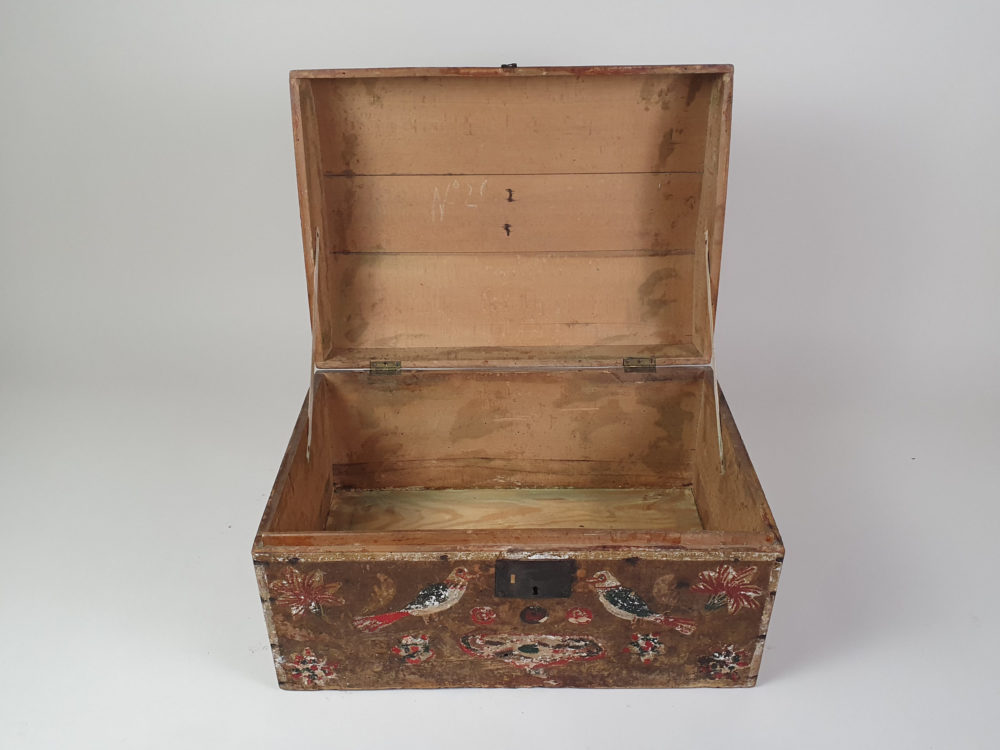 19th century antique Normandy Marriage Box painted with folk art birds