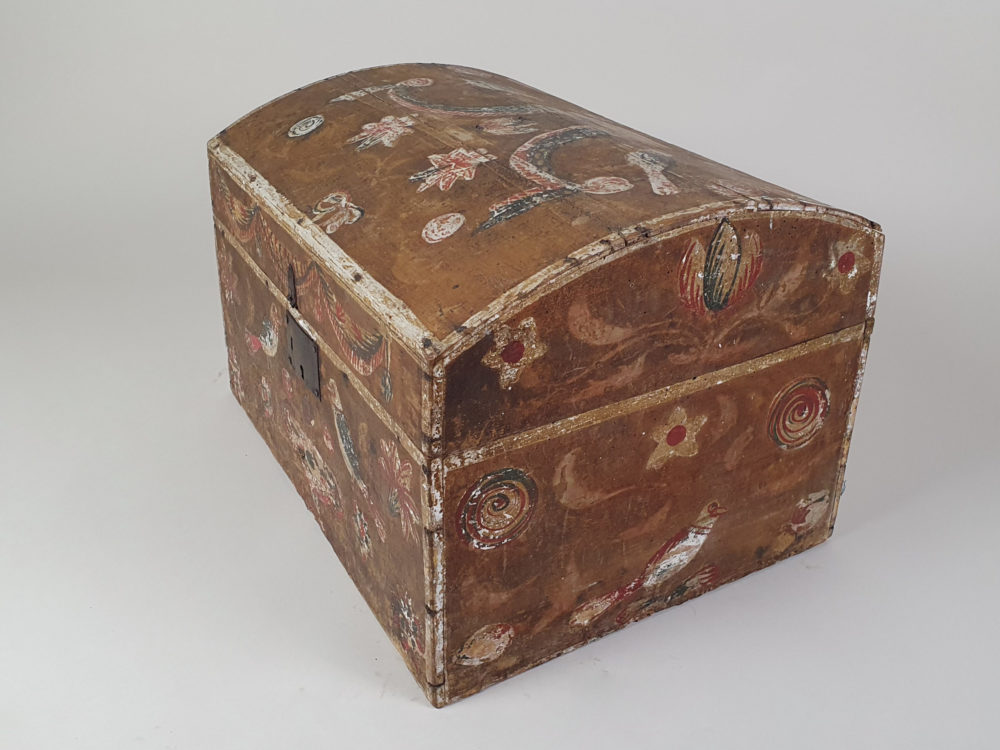 19th century antique Normandy Marriage Box painted with folk art birds