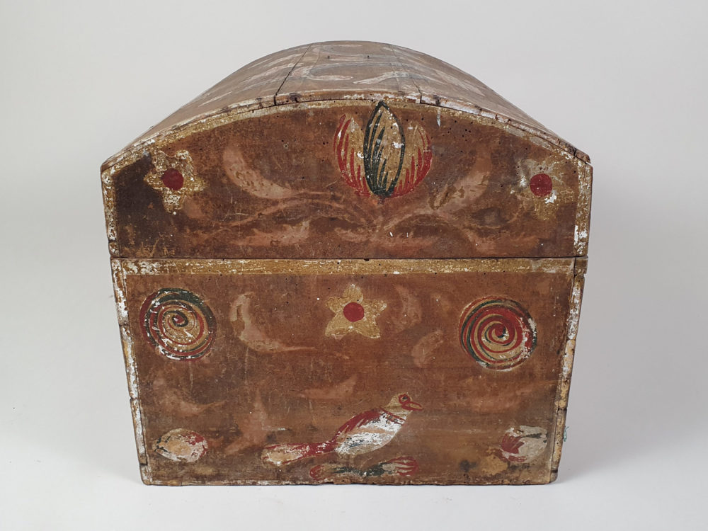 19th century antique Normandy Marriage Box painted with folk art birds