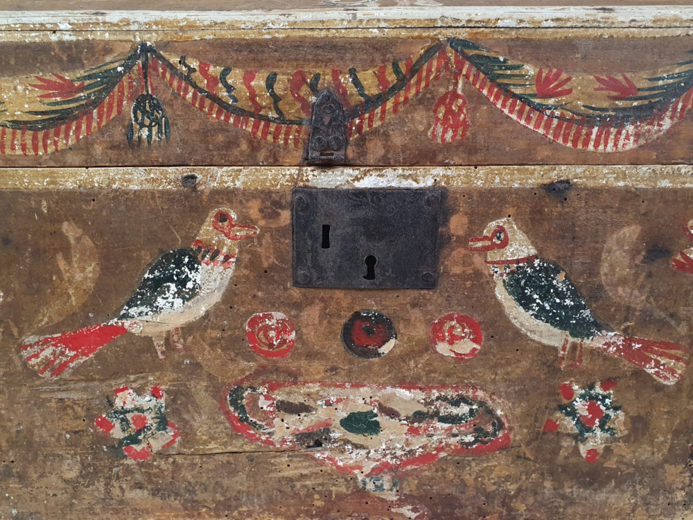 19th century antique Normandy Marriage Box painted with folk art birds