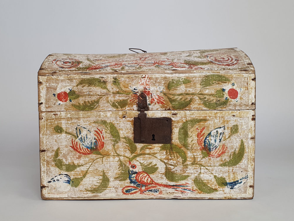 19th century antique Normandy Marriage Box painted with folk art birds
