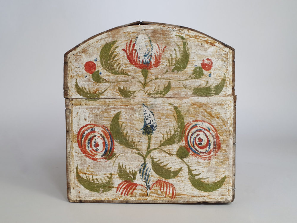 19th century antique Normandy Marriage Box painted with folk art birds