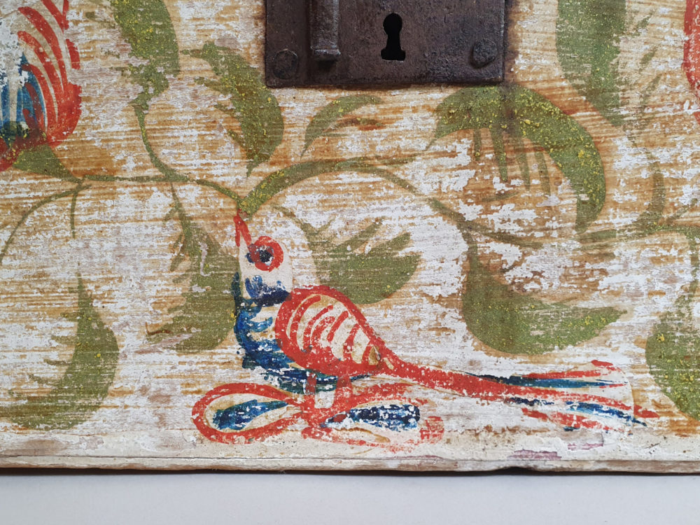 19th century antique Normandy Marriage Box painted with folk art birds