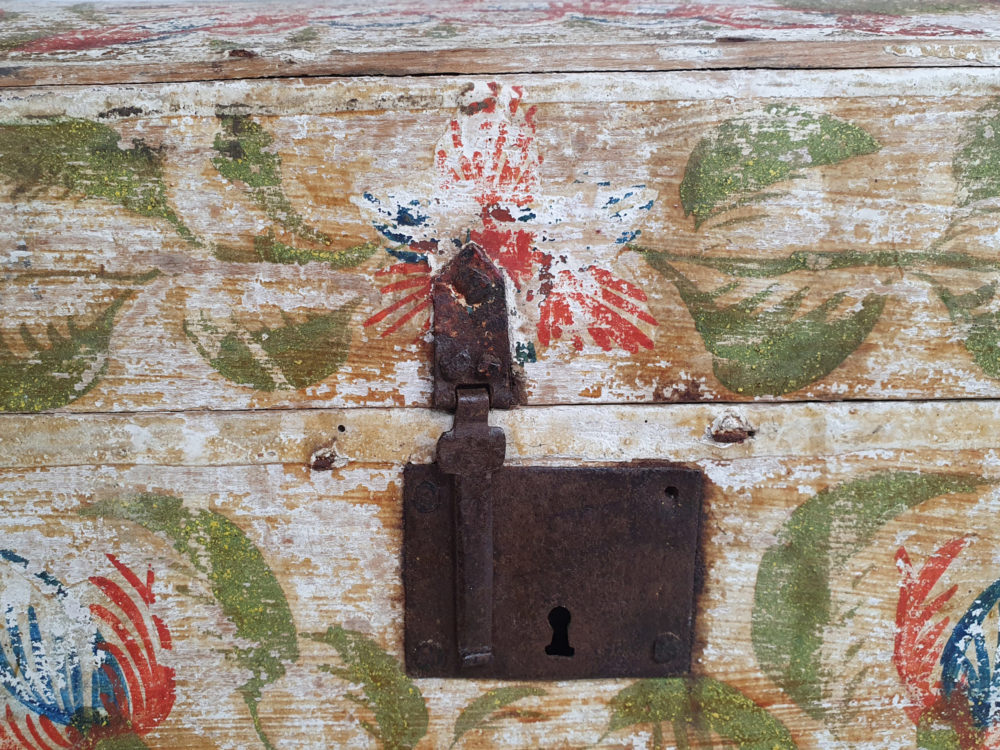 19th century antique Normandy Marriage Box painted with folk art birds