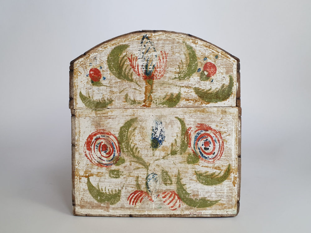 19th century antique Normandy Marriage Box painted with folk art birds