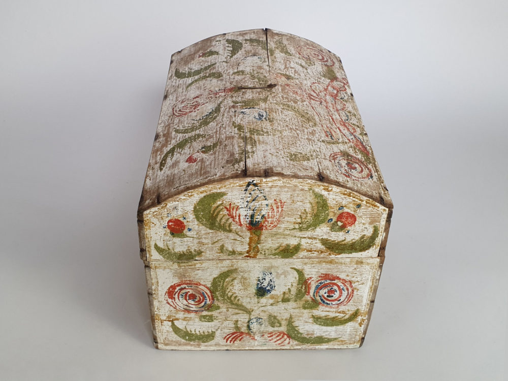 19th century antique Normandy Marriage Box painted with folk art birds