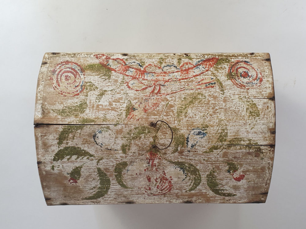 19th century antique Normandy Marriage Box painted with folk art birds