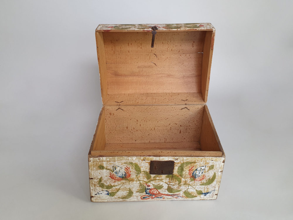 19th century antique Normandy Marriage Box painted with folk art birds