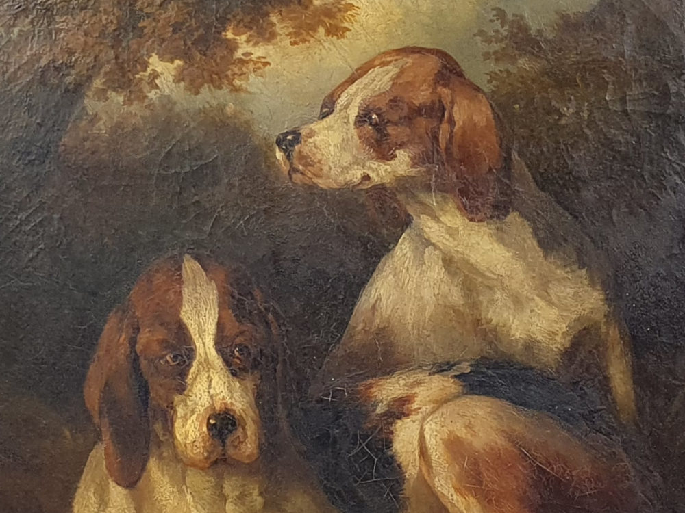 19th century antique oil on canvas of two Bloodhounds
