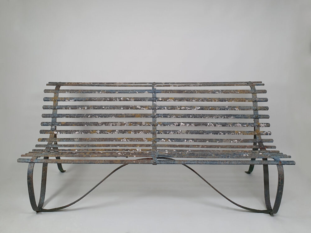 19th century antique wrought iron strapwork Garden Bench with scrolled legs & old green paint