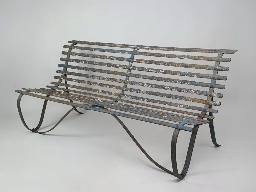 19th century antique wrought iron strapwork Garden Bench with scrolled legs & old green paint