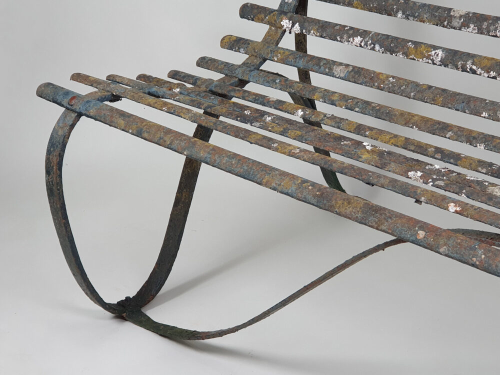 19th century antique wrought iron strapwork Garden Bench with scrolled legs & old green paint