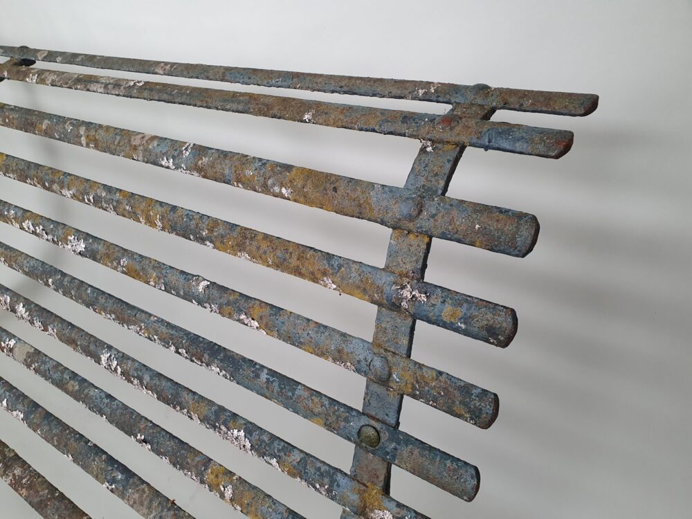 19th century antique wrought iron strapwork Garden Bench with scrolled legs & old green paint