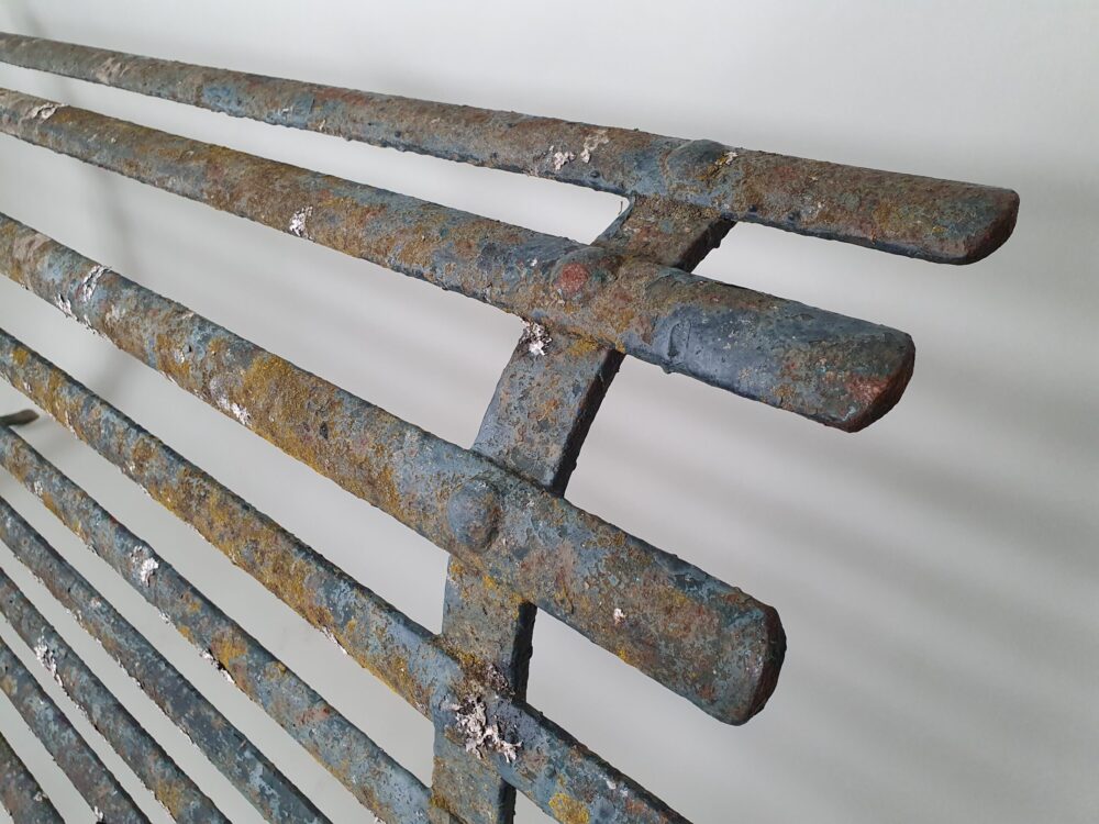 19th century antique wrought iron strapwork Garden Bench with scrolled legs & old green paint