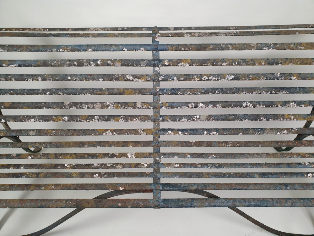 19th century antique wrought iron strapwork Garden Bench with scrolled legs & old green paint