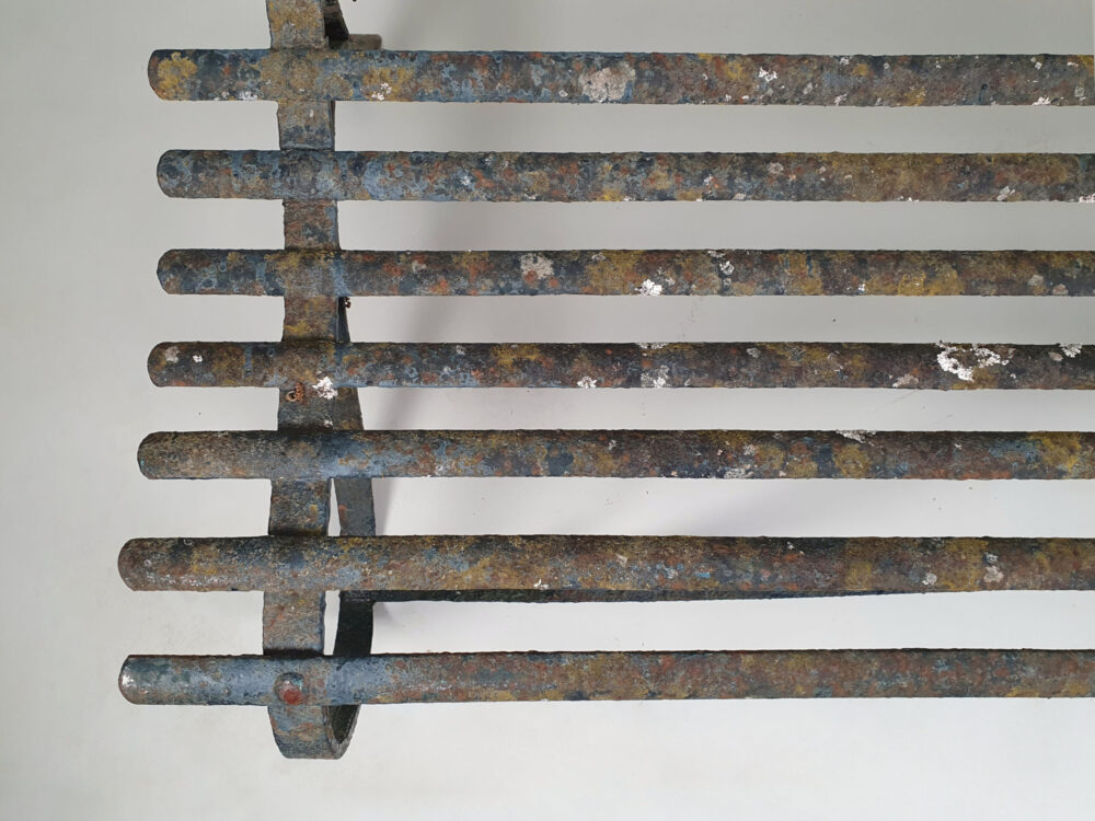 19th century antique wrought iron strapwork Garden Bench with scrolled legs & old green paint