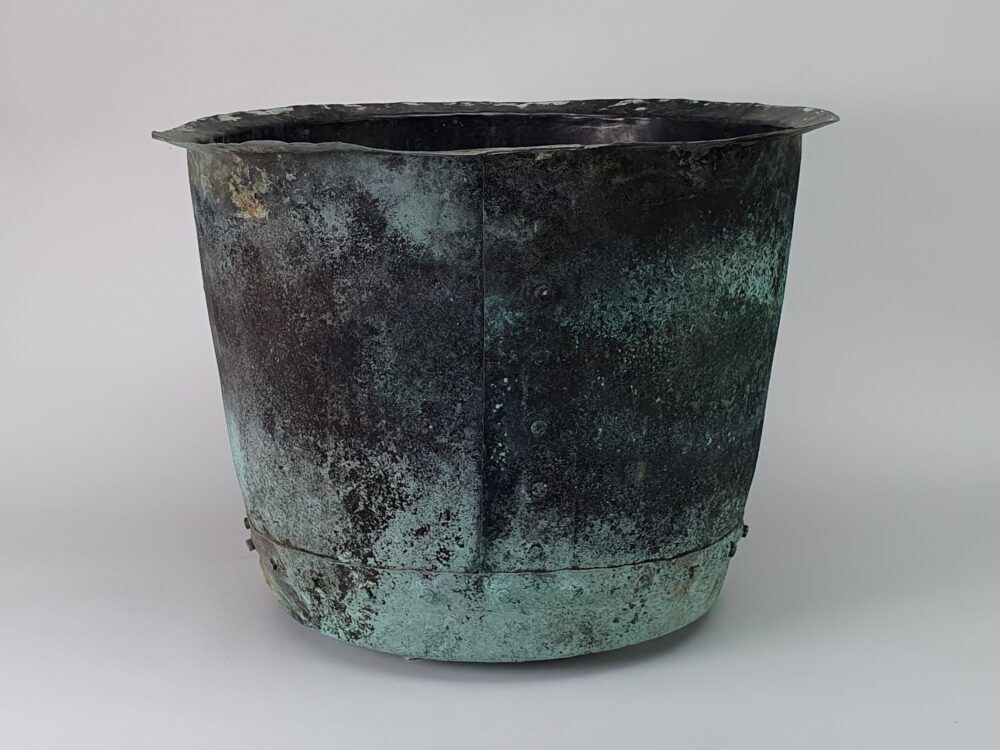 19th century riveted turquoise & black antique garden Planter