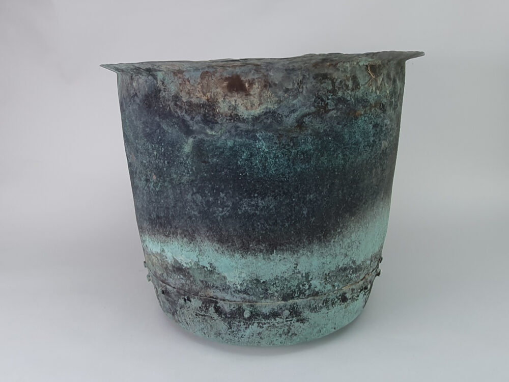 19th century riveted turquoise & black antique garden Planter