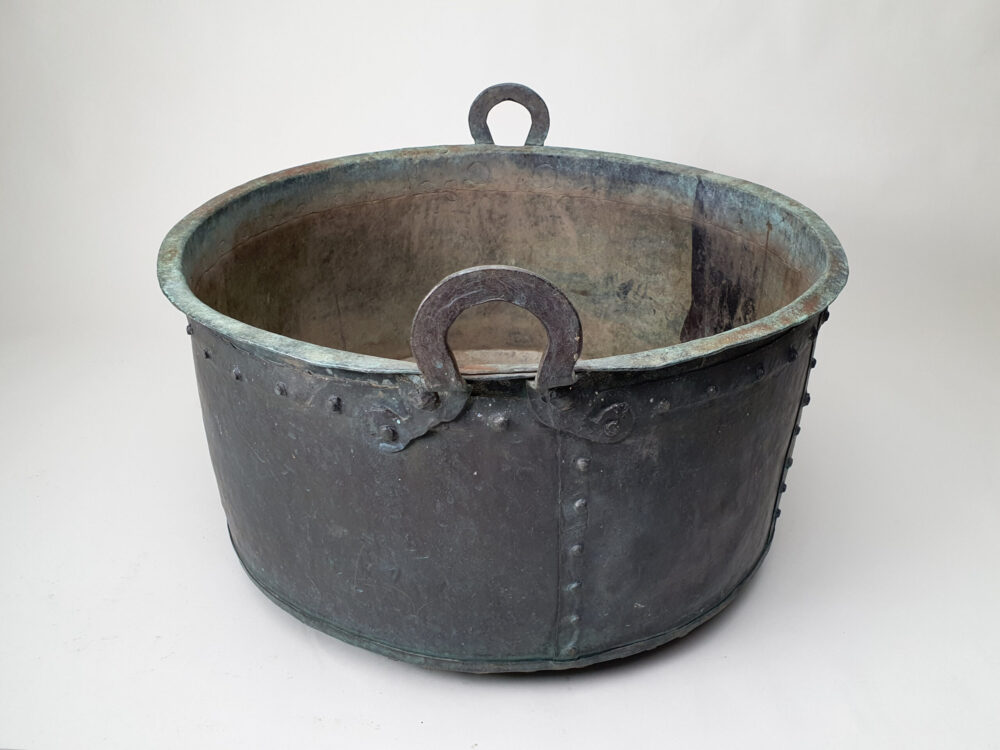 19th century rustic antique circular copper Log Basket