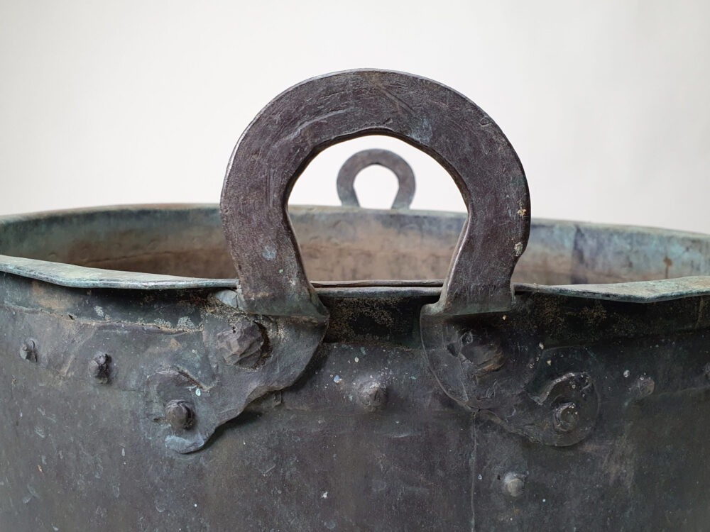 19th century rustic antique circular copper Log Basket