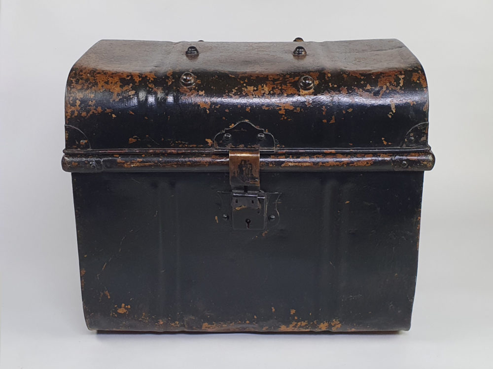 19th century small black antique metal Steam Trunk