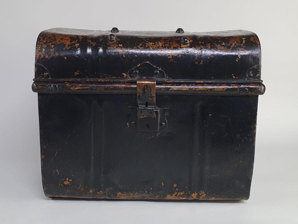 19th century small black antique metal Steam Trunk