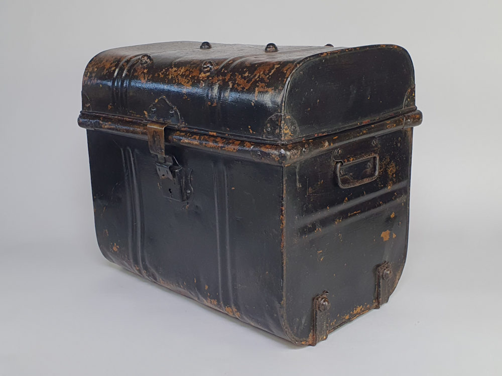 19th century small black antique metal Steam Trunk