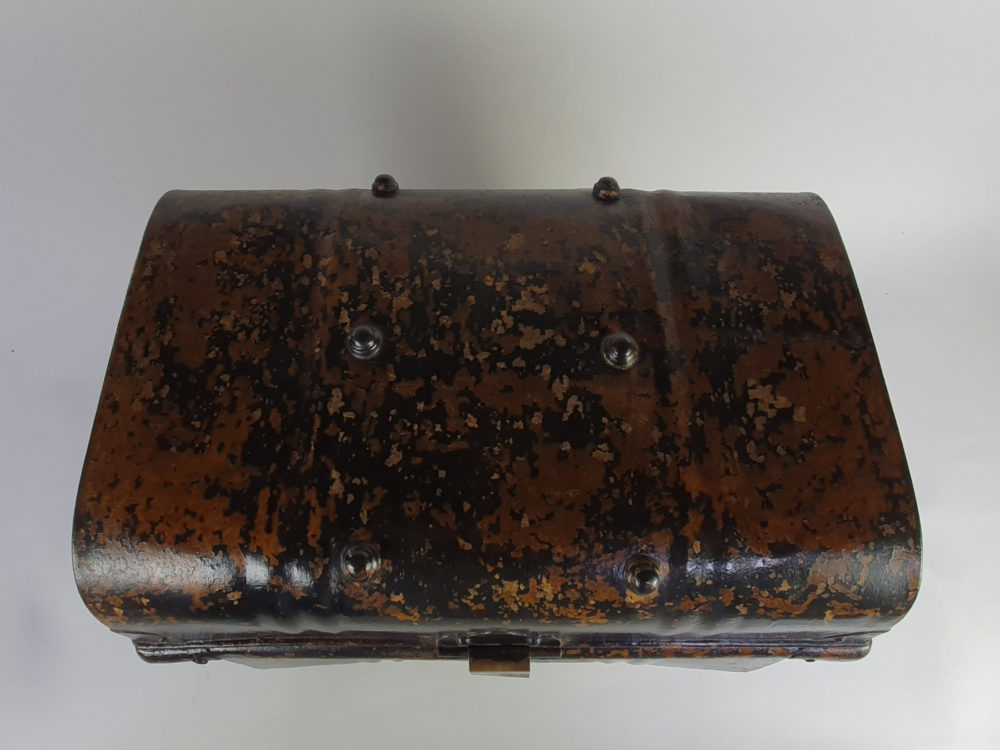 19th century small black antique metal Steam Trunk