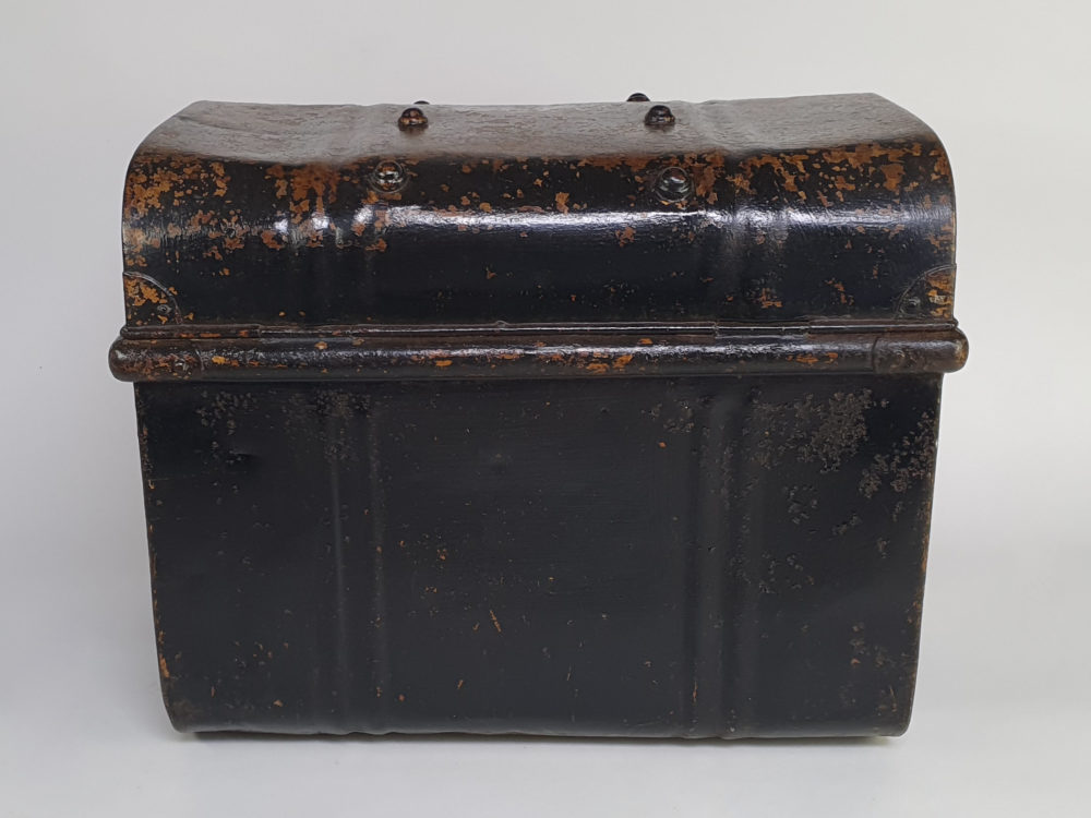 19th century small black antique metal Steam Trunk