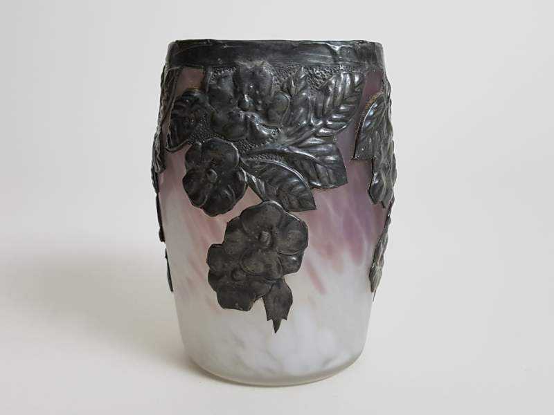 Art Nouveau Mauve Vase with Decorative Zinc Overlay