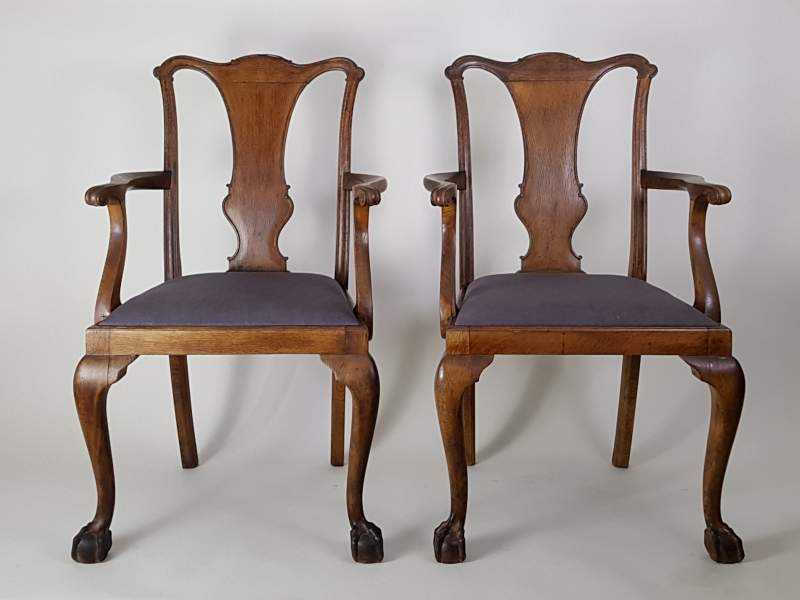 Pair of Victorian oak Elbow Chairs with upholstered seats