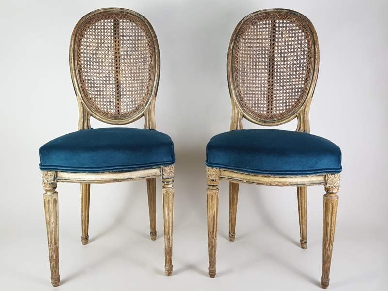 Pair of Napoleon III Caned Chairs with teal velvet seats
